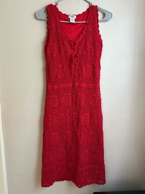 Monroe & Main Red Crochet Knit Dress Medium Boho Lace-Up Sleeveless Midi Boho